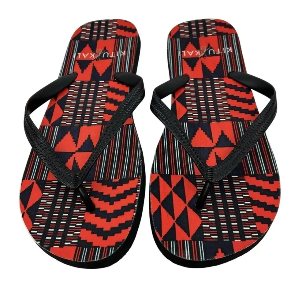 Kitu Kali Flip Flops Men's XXL (US12) Aztec Design Red/Blue